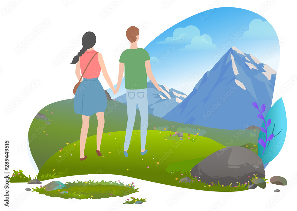 Young couple in love, man and woman walking together holding hands enjoying mountains and nature view, family traveling concept vector illustration. Mountain tourism. Flat cartoon
