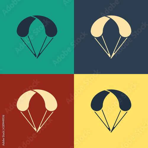 Color Parachute icon isolated on color background. Extreme sport. Sport equipment. Vintage style drawing. Vector Illustration