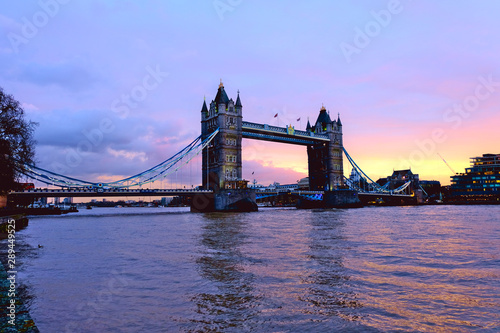 Beautiful sunset on the river Thames at Tower Bridge with reflection light on the river.