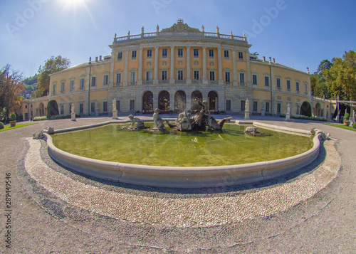 the neoclassical Villa Olmo and the fountain in the beautiful park overlooking the Como Lake. Lombardy - Italy