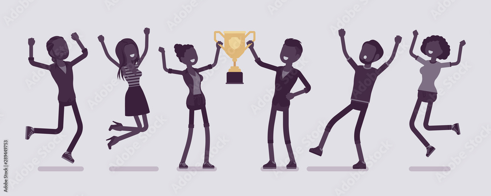 Winner teenager team with trophy. Happy teens celebrating mutual victory, sport or science event achievement, jumping with joy. Vector illustration with faceless characters Winner teenager team with trophy. Happy teens celebrating mutual victory, sport or science event achievement, jumping with joy. Vector illustration with faceless characters