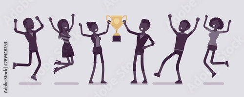 Winner teenager team with trophy. Happy teens celebrating mutual victory, sport or science event achievement, jumping with joy. Vector illustration with faceless characters