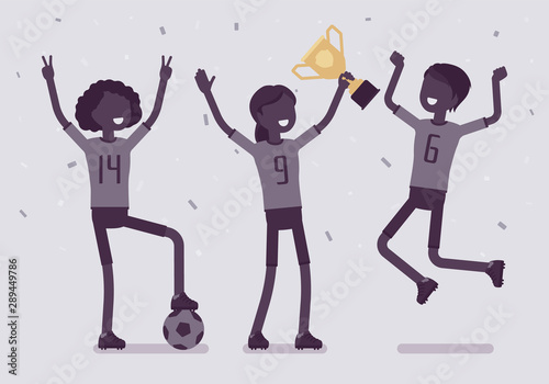 Football winner team with trophy. Young happy female athletes in uniform celebrating victory, group of players holding prize after successful sport match. Vector illustration with faceless characters