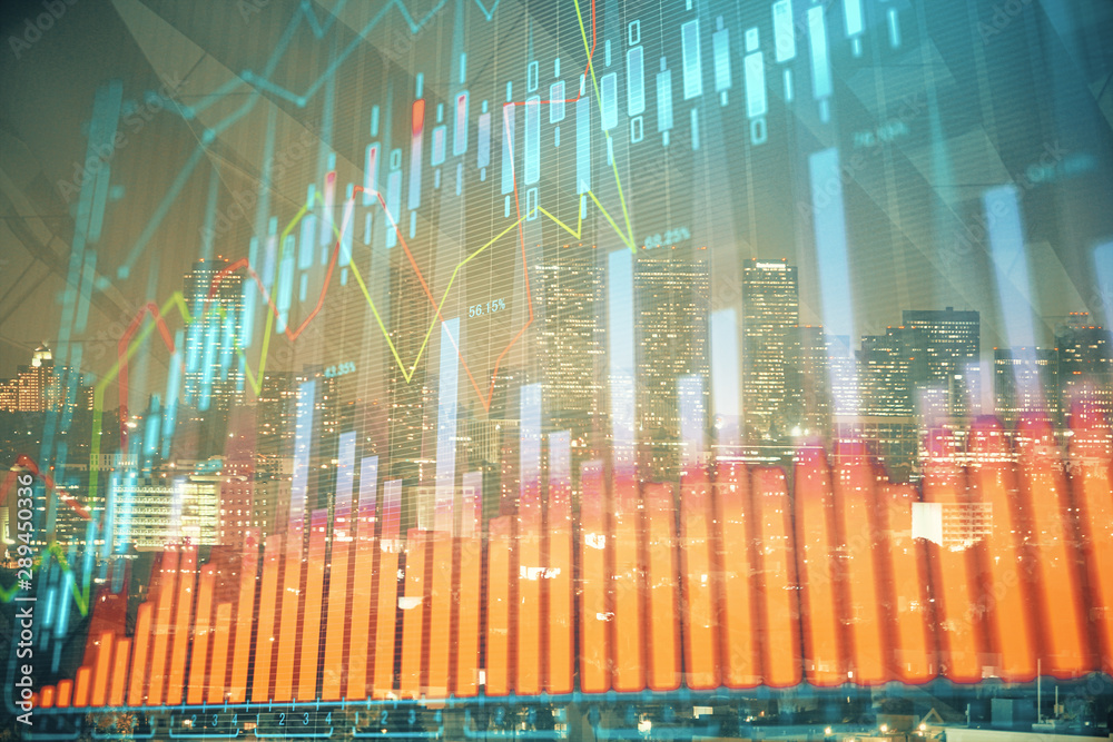 Financial graph on night city scape with tall buildings background multi exposure. Analysis concept. Financial graph on night city scape with tall buildings background multi exposure. Analysis concept.