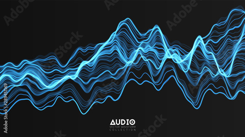 Vector 3d echo audio wavefrom spectrum. Abstract music waves oscillation graph. Futuristic sound wave visualization. Blue glowing impulse pattern. Synthetic music technology sample.