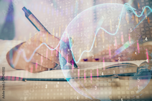 Wallpaper Mural Multi exposure of woman's hands making notes with forex graph hologram. Concept stock market analysis. Torontodigital.ca