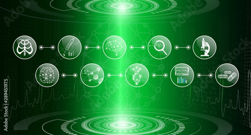 abstract background technology concept in green light,human body heal,technology modern medical science in future and global international medical with tests analysis clone DNA human