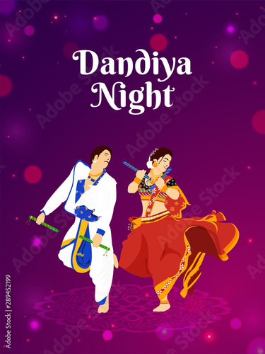 Gandiya night party flyer. Illustration of couple dandiya dance pose on the indian festival of Navratri.