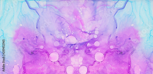 Modern fantasy light blue, pink and purple alcohol ink abstract background. Bright liquid watercolor paint splash texture effect illustration for card design, banners, ethereal graphic design