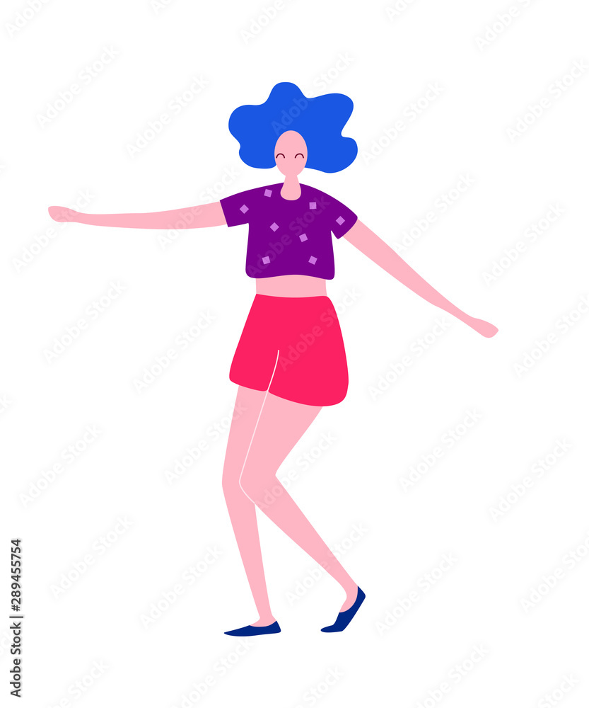 Happy dancing woman. Female having fun, dance, jump. Joyful disco party. Flat vector illustration. Happy dancing woman. Female having fun, dance, jump. Joyful disco party. Flat vector illustration.