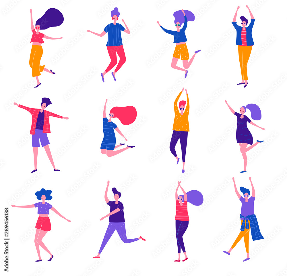 Group of happy dancing people. Male and female having fun, dance, jump. Disco party. Flat vector illustration.