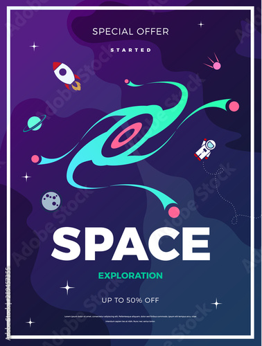 Space exploration modern vertical background design with a Black Hole in cosmos. Cute gradient template with Astronaut, Spaceship, Rocket, Moon and Stars for poster, banner or website