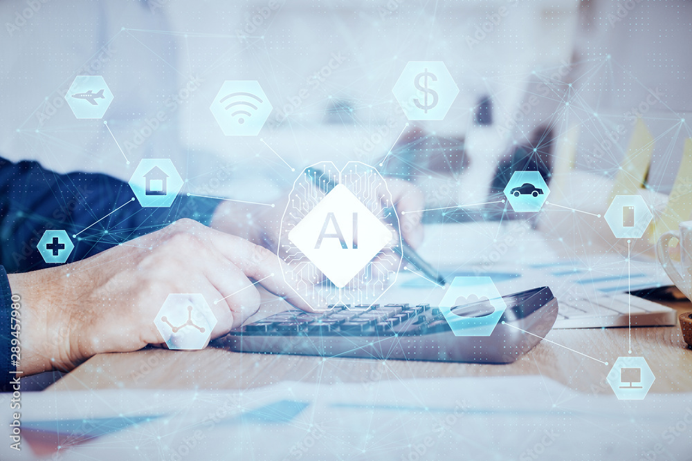 Fototapeta premium Writing man's hand with technology Ai icons.