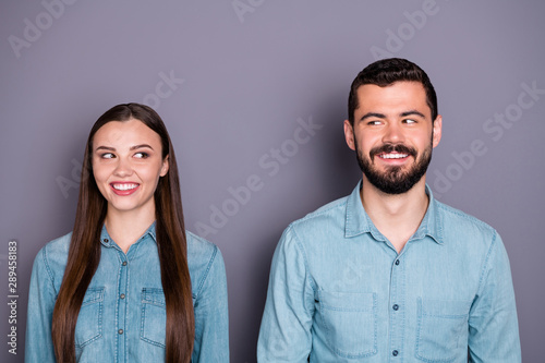 Close-up portrait of two her she his he nice attractive charming lovely cheerful cheery brown-haired person real estate agent broker executive manager isolated on gray violet purple pastel background