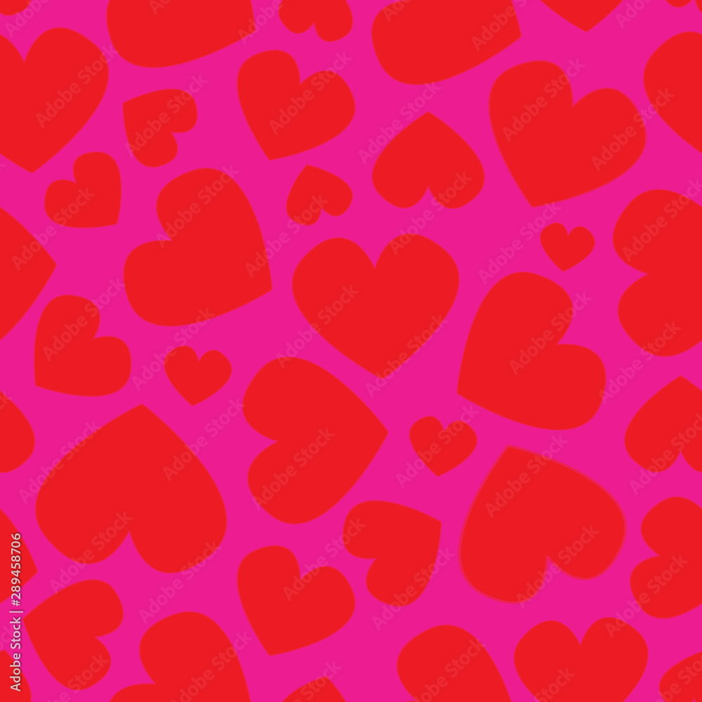 Vector seamless pattern , red hearts of different size and direction on deep pink background.