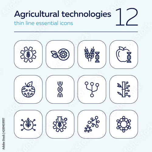 Agricultural technologies line icon set. Set of line icons on white background. Biotechnology concept. DNA structure, appe, chemistry. Vector illustration can be used for topics like science, biology