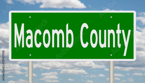 Rendering of a green highway sign for Macomb County Michigan photo