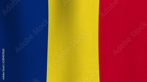 Realistic cotton flag of Romania as a background. Seamless looping animation of grunge Romanian national waving flag with fabric texture