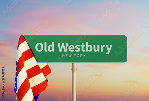 Old Westbury – New York. Road or Town Sign. Flag of the united states. Sunset oder Sunrise Sky. 3d rendering photo