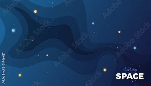 Space background design. Cute flat style banner template with stars, planets in deep Cosmos