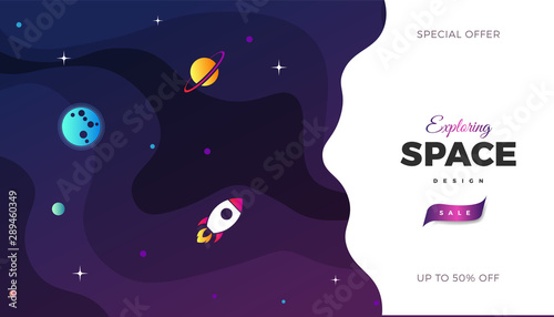 Space exploration modern background design with a Galaxy, Astronaut, Rocket, Moon, Planets and Stars in cosmos. Cute pink color template for website page or banner vector illustration