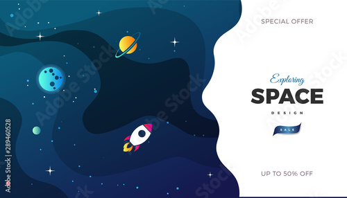 Space exploration modern background design with a Galaxy, Astronaut, Rocket, Moon, Planets and Stars in cosmos. Cute blue color template for website page or banner vector illustration