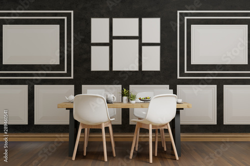 modern loft black dining room with table and chairs, mock up interior design,3d background wallpaper photo