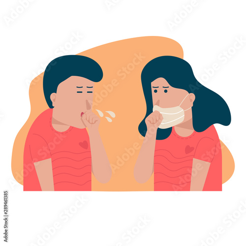 young lover couple coughing, having influenza symptom, virus infection. cartoon flat vector 