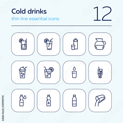 Cold drinks line icon set. Lemonade, cocktail, bottle, straw. Drink concept. Can be used for topics like summer, bar menu, cafe