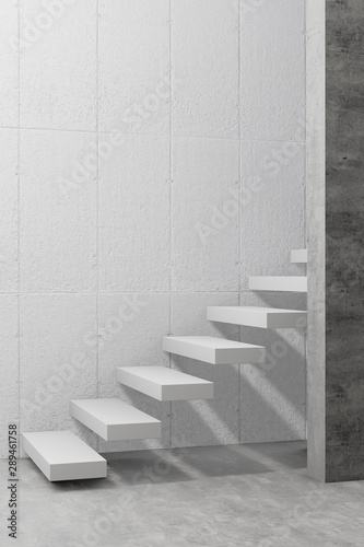 staircase in modern room, white and black concrete wall and cement floor, 3d background wallpaper vertical