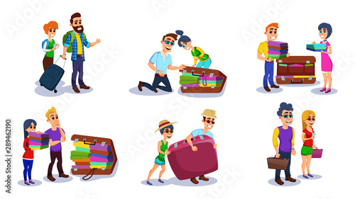 Tourist Man, Woman Characters Packing Luggage.