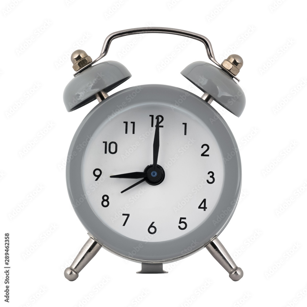 A gray clock with an alarm clock on a white background with arrows showing the time of nine hours or twenty one hours A gray clock with an alarm clock on a white background with arrows showing the time of nine hours or twenty one hours