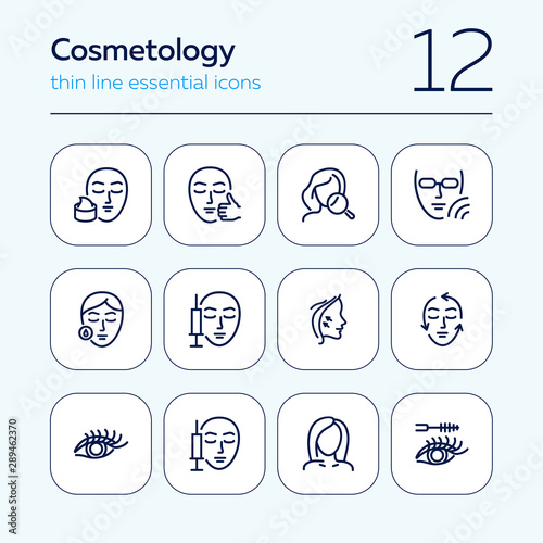 Cosmetology line icon set. Botox injection, solarium, mascara. Beauty concept. Can be used for topics like dermatology, skin care, aesthetics