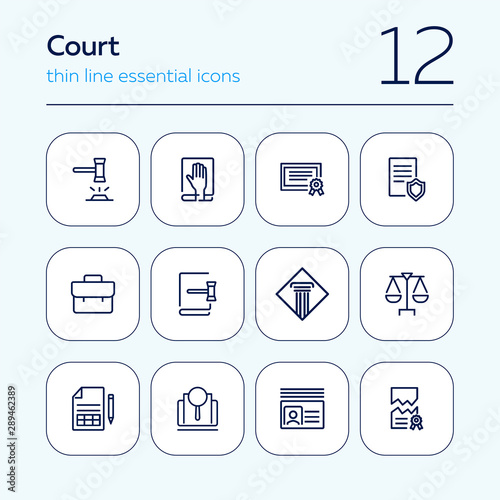 Court line icon set. Gavel, oath, scale. Law concept. Can be used for topics like courthouse, trial, crime