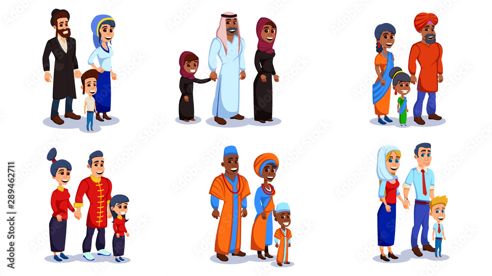 Family Portraits Different Nationalities Vector.