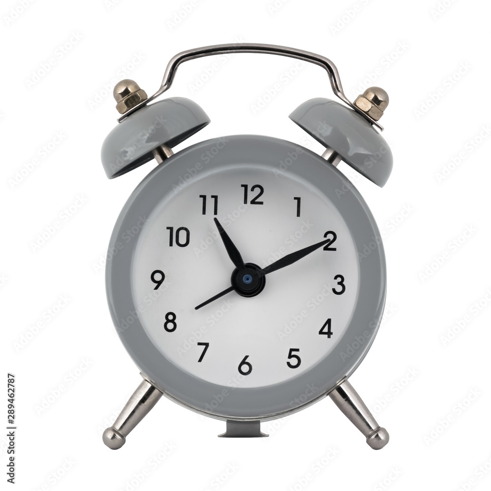 A gray clock with an alarm clock on a white background with arrows showing the time eleven hours ten minutes or twenty three hours ten minutes A gray clock with an alarm clock on a white background with arrows showing the time eleven hours ten minutes or twenty three hours ten minutes