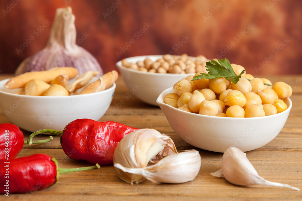 cooked chickpeas, raw chickpeas and toast bread cooked chickpeas, raw chickpeas and toast bread
