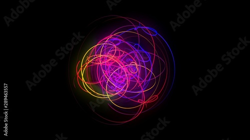 3d Illustration, The tangling of the neon line is devoid of direction and forming a lump in the center of the image.