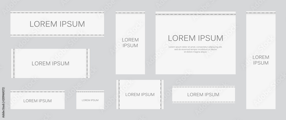 Set of different textile tags. Collection of narrow, wide, large, small, vertical, horizontal labels for clothes. Vector white sticker with place for text.