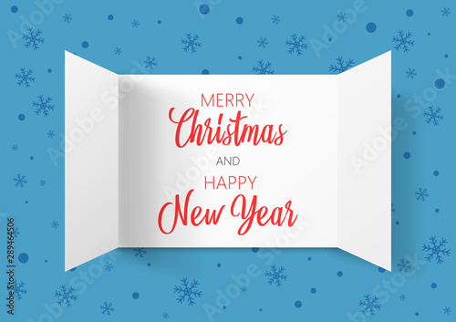 Advent Calendar Doors opening with snowflakes. Greeting Card. Merry Christmas and Happy New Year lettering, vector illustration