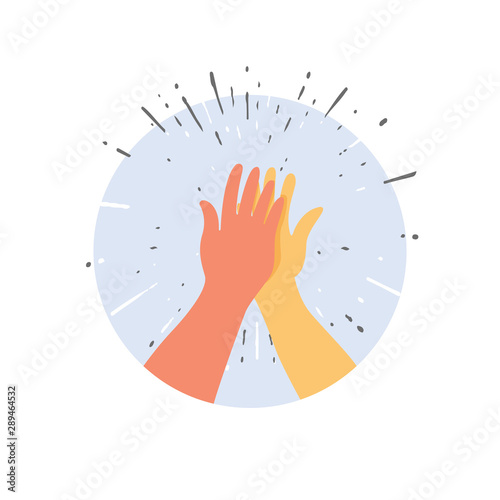 Two hands giving a high five for great work. Vector illustration of friendship and giving a high five as a symbol of great work achievement. People team give hand slapping