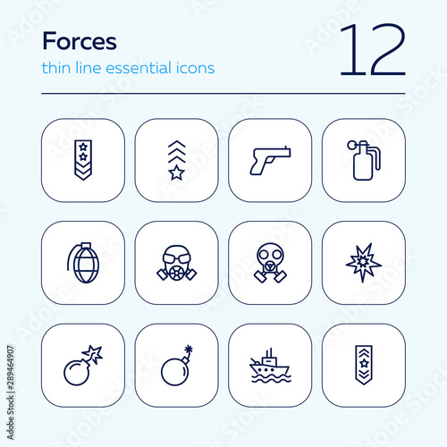 Forces line icon set. Shoulder strap, gun, bomb, ship. Military concept. Can be used for topics like army, war, defense, national security