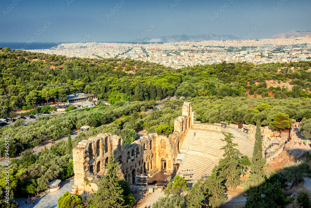 Panoramic view of the Theatre of Dionysus at the foot of Acropolis in Athens, Greece. It is one of the main landmark of Athens. Scenic panorama of ancient Greek ruins of Theatre of Dionysus