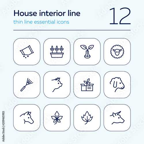 Household and nature icons. Set of line icons on white background. Animal, grocery, equipment. Housekeeping concept. Vector illustration can be used for topics like nature, homegrown