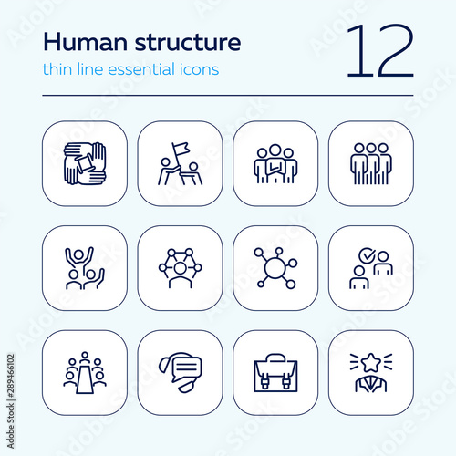 Human structure. Set of line icons on white background. Atom, union, idea. Social concept. Vector illustration can be used for topics like science, business, career