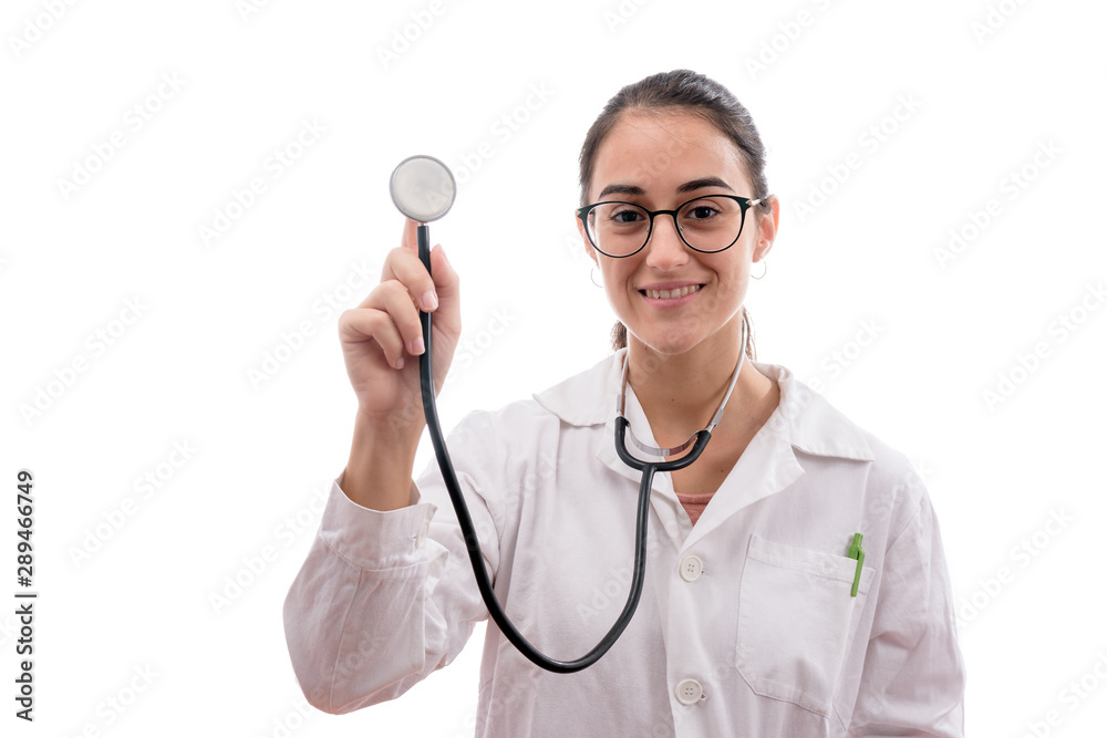 Young caucasian nurse with white coat and stethoscope on white background isolated Young caucasian nurse with white coat and stethoscope on white background isolated