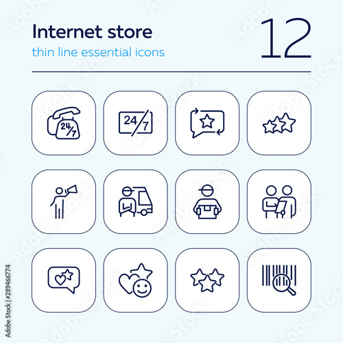 Internet store line icon set. Bar code, courier, like. Online shopping concept. Can be used for topics like customer feedback, delivery, rating