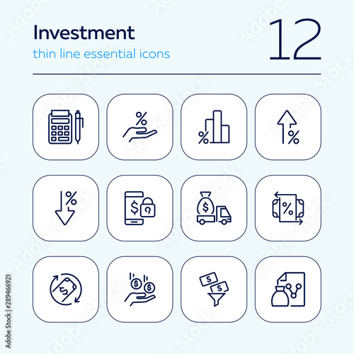 Investment line icon set. Encashment car, income, graph. Money concept. Can be used for topics like finance management, profit, banking