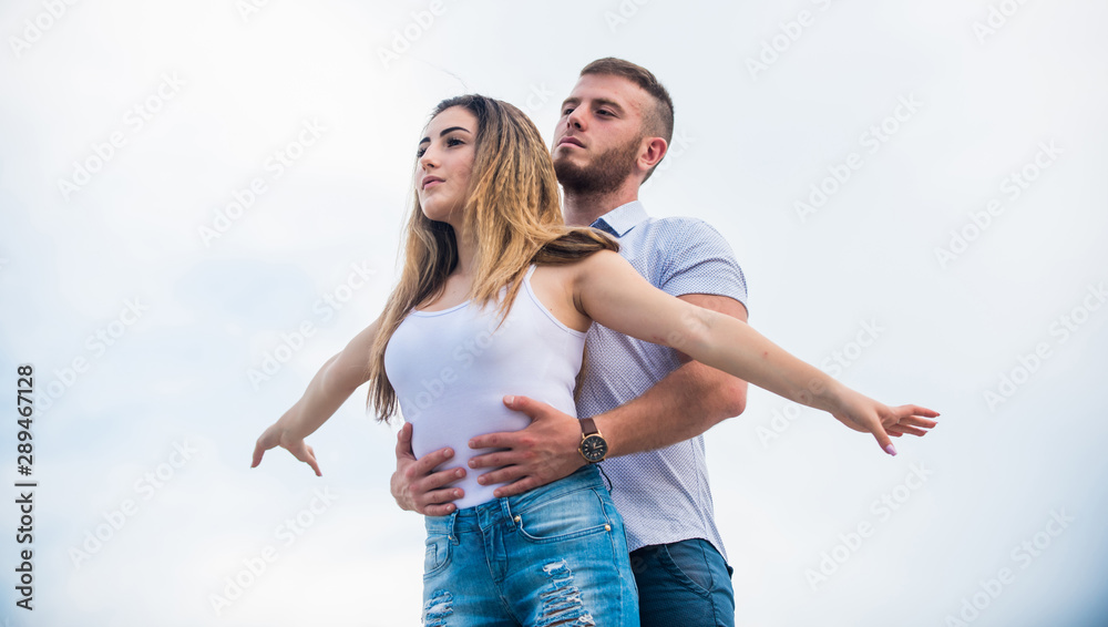 Couple goals concept. Family love. Devotion and trust. Together forever we  two. Love story. Romantic relations. Cute and sweet relationship. Couple in  love. Man and woman cuddle nature background Photos