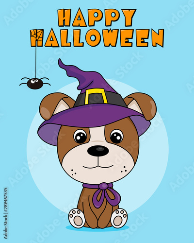 Halloween card. Dog dressed up in a witch hat